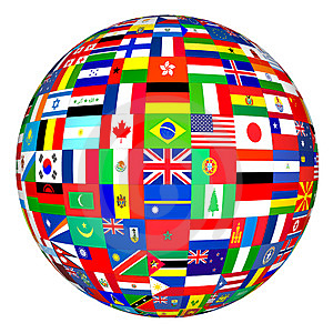 Image of globe covered in national flags