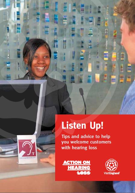 Cover image of Listen Up booklet with receptionist and hearing loop sign
