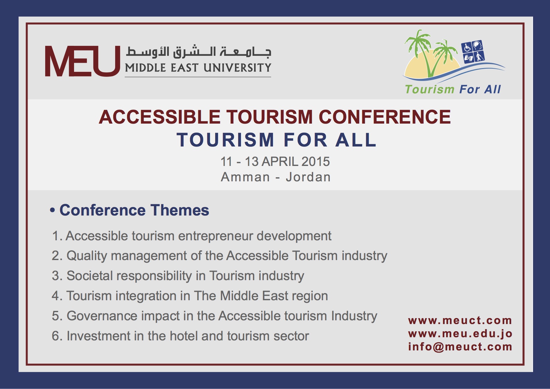 MEU Tourism for All conference themes banner (6 points, as listed above)