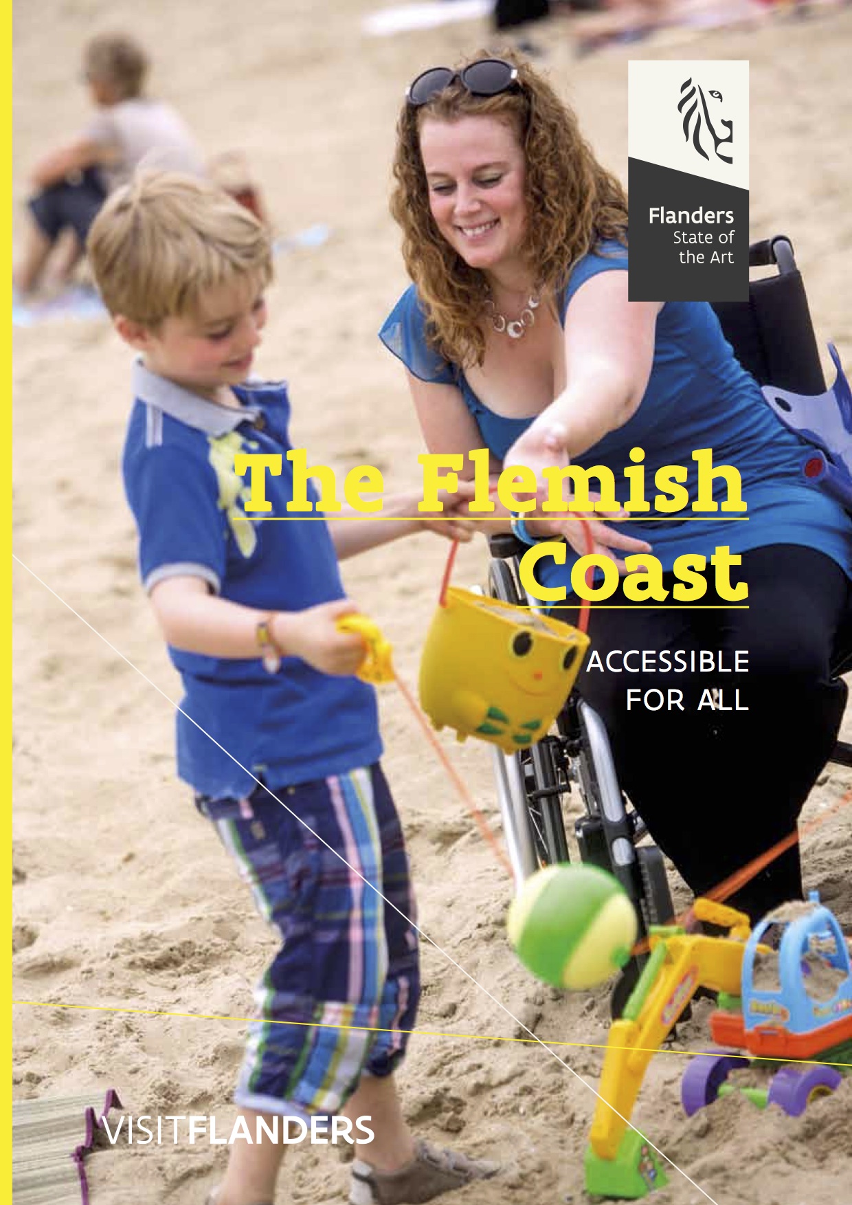 The Flemish Coast - cover image, wheelchair user and child on beach play with sand toys