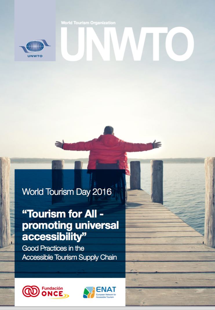 Cover illustration with wheelchair user on wooden jetty, arms wide open