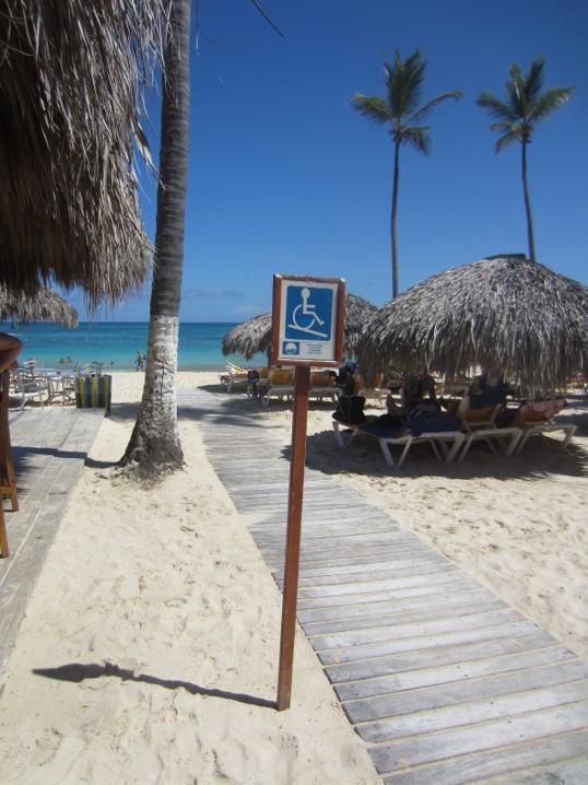 Image of Blue Flag accessible beach with palm trees, sunshades, sand and access route with signage