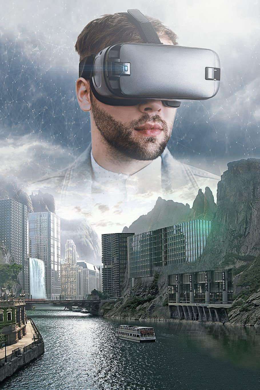 Composite Image of man wearing VR headset and imaginary scenery with river, mountains and high-tech buildings 