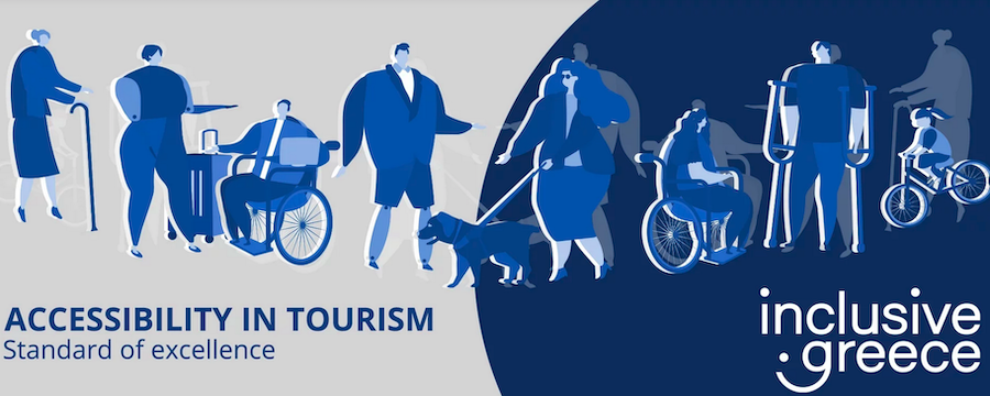 inclusive Greece banner with blue and white drawings of various types of customers with access requirements 