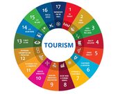 Logo of Sustainable Development Goals in a colour circle and word Tourism sm in centre 