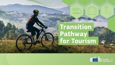 Banner of transition Pathwayb for Tourism with a cyclist in mountain landscape 