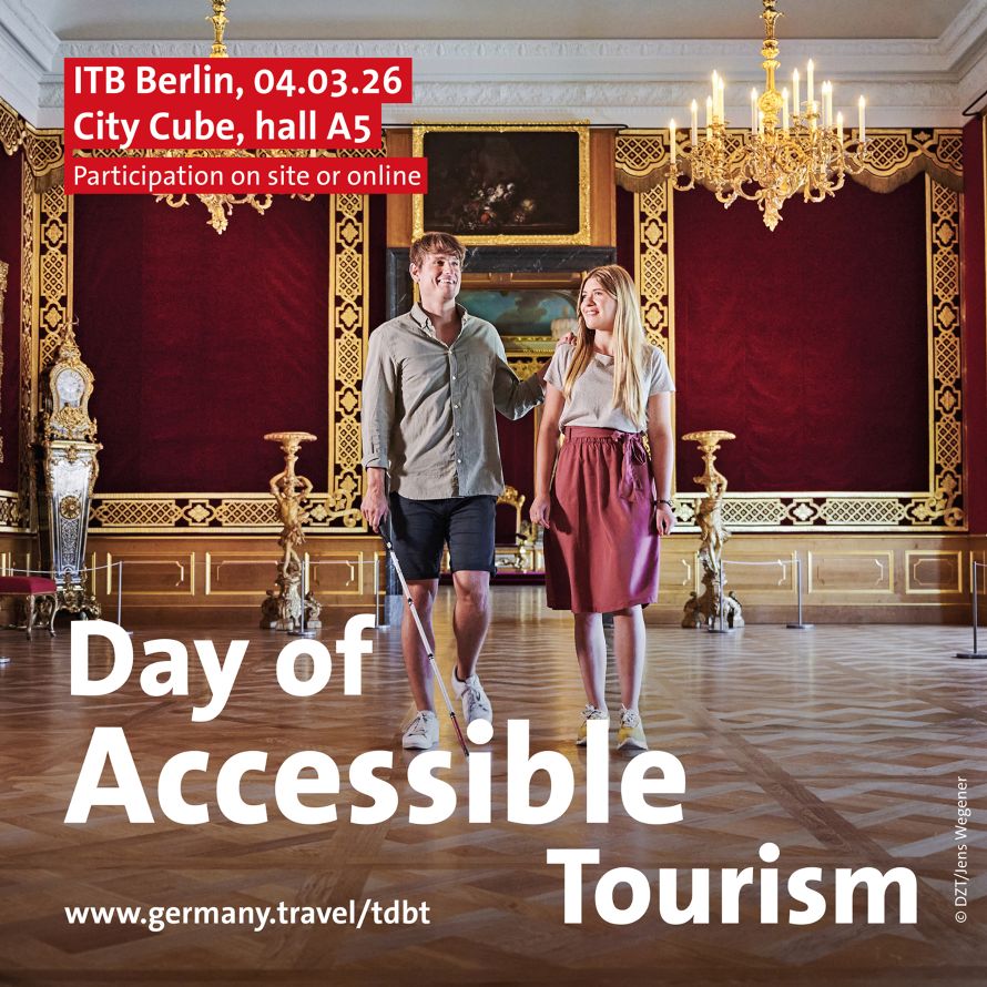 Photo: a young blind man with a white cane, accompanied by a young woman, in the salon of a heritage building with gold decoration, statuettes and oil paintings.