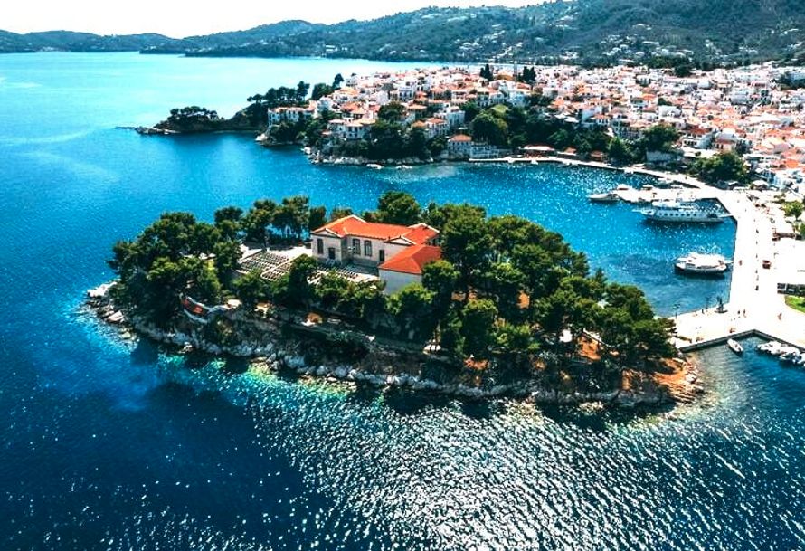 Island of Skiathos. View of the Bourtzi Maritime and Cultural Tradition Museum and Skiathos Port