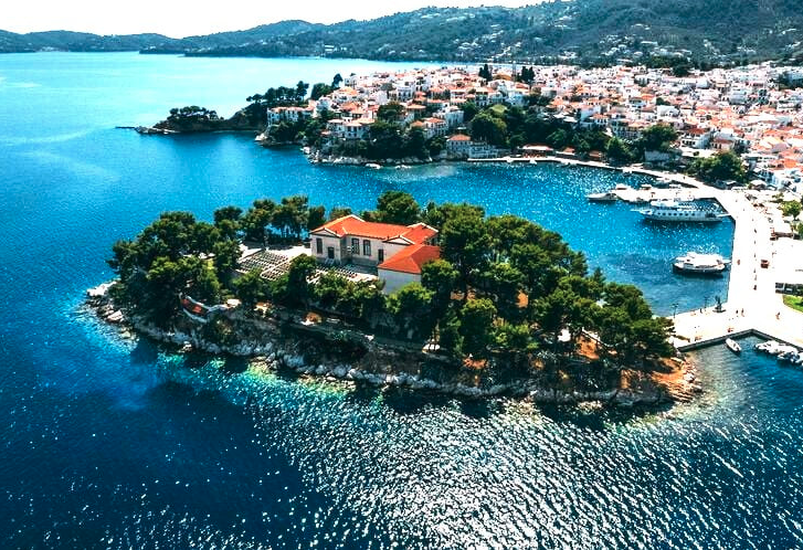 Island of Skiathos. View of the Bourtzi Maritime and Cultural Tradition Museum and Skiathos Port