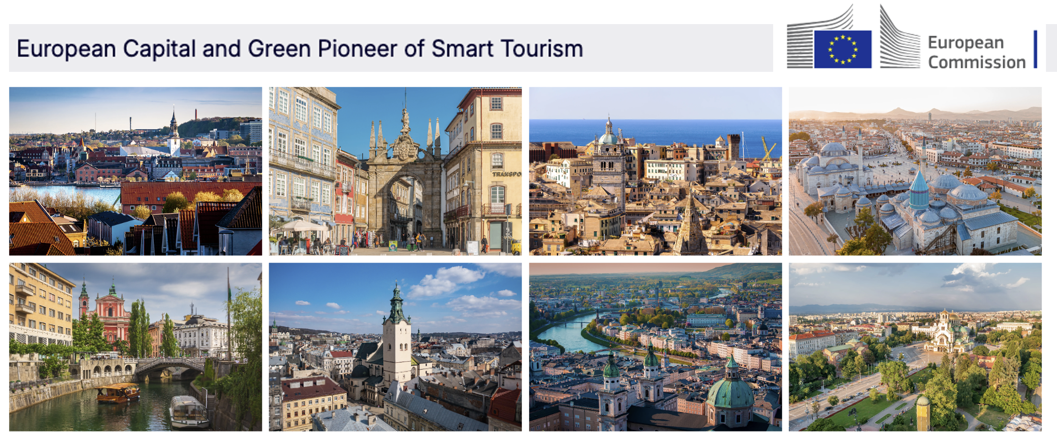 Composite image of the 8 shortlisted cities in the Awards category for cities with 100,000+ inhabitants.
