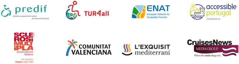 Logos of PREDIF, TUR4All, ENAT, Accessible Portugal, AISM, L'EXQUISIT Mediterrani, CRUISES News Media Group