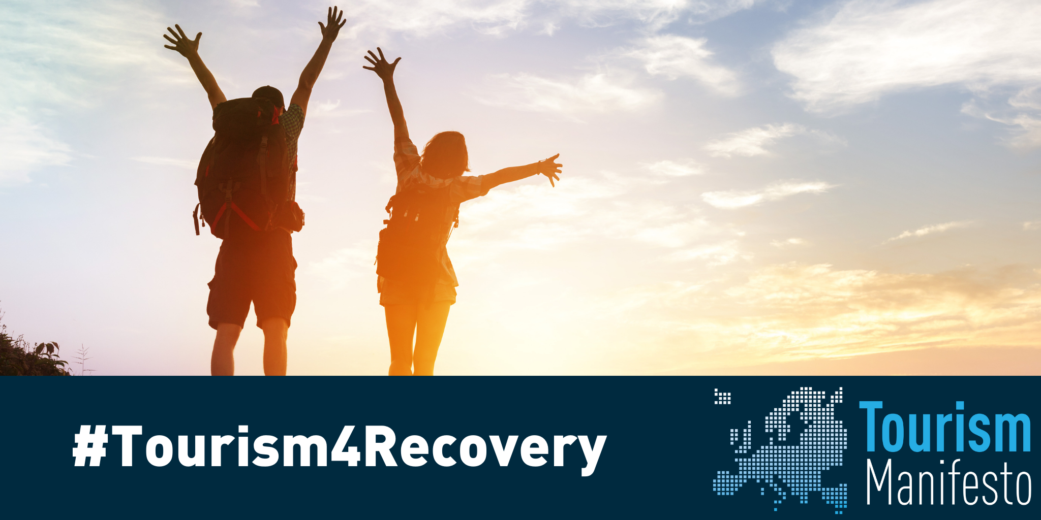 tourism4recovery banner image two people in silhoutte with raised arms facing sunlit sky 