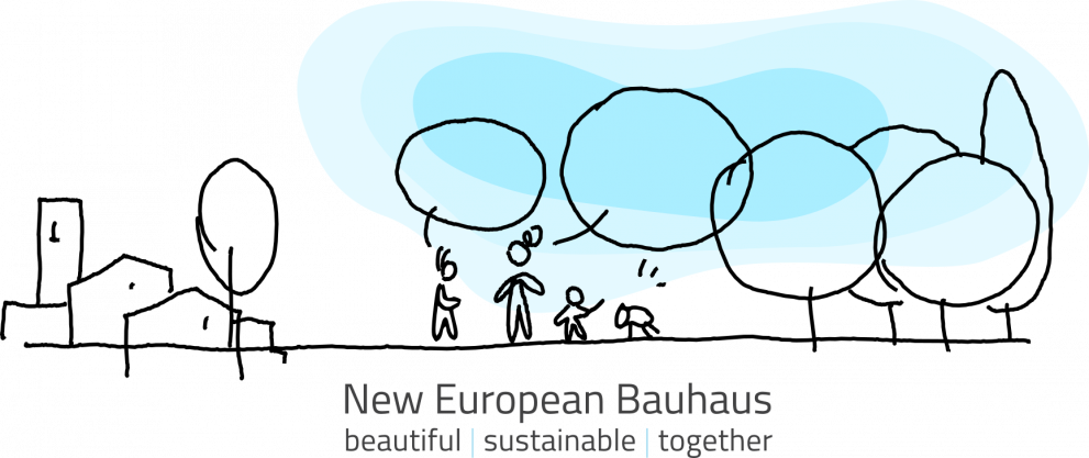 New European Bauhuas sketch with trees, houses human figures and dog