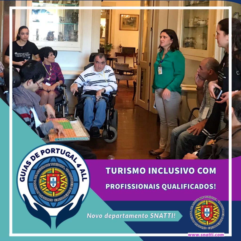 Image. Tourist Guide in a museum, speaking to a group of visitors, some seated in wheelchairs. Guides of Portugal 4 all logo shown in corner.  