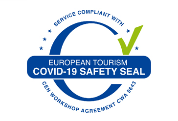 Image. Logo with words: European Tourism COVID-19 Safety Seal. Service complaint with CEN Workshop Agreement CWA 5643. logo 