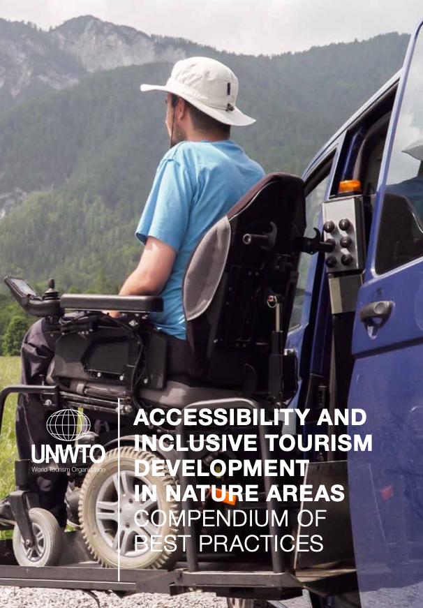 Cover image UNWTO report with power wheelchair user beside a van and looking to a mountain landscape 
