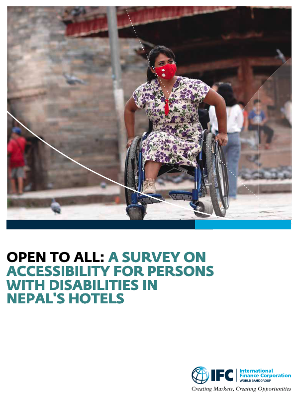 Cover page of report with Nepalese woman wearing floral dress and red facemask in wheelchair