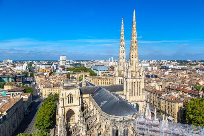 City of Bordeaux, aerial view of cathedral and surrounding buildings 