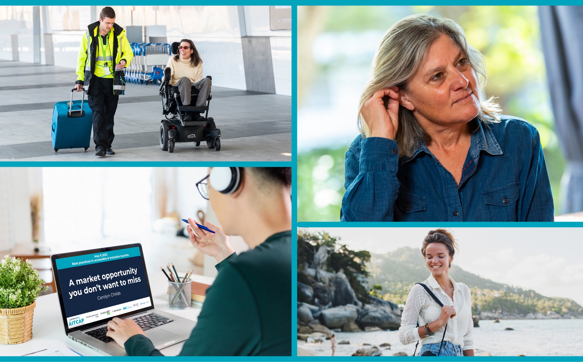 images of airport PRM assitant and wheelchair user, woman touching her hearing aid, person bviewing laptop, woman on a beach., 