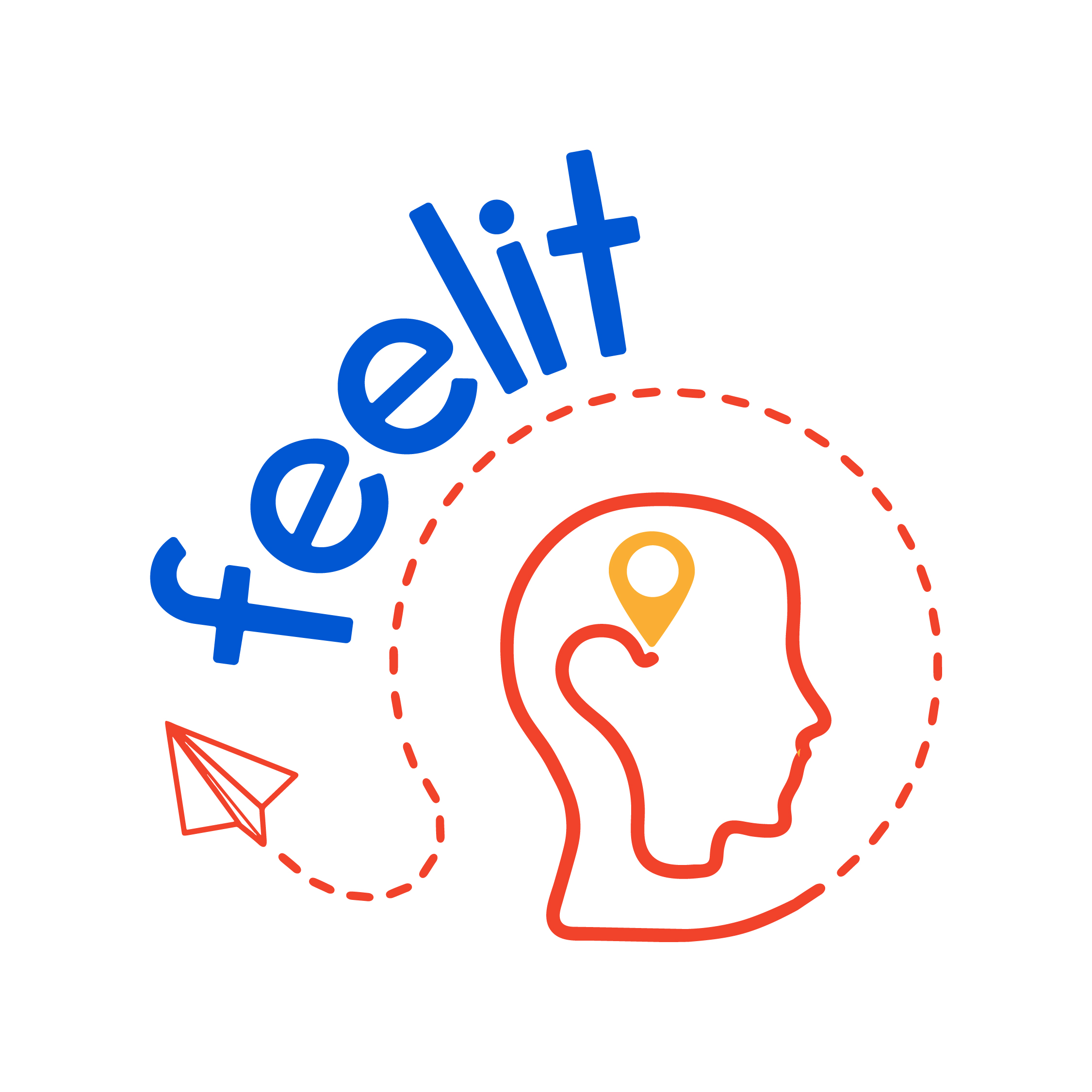 logo of feelit project with line drawing of human head in side profile, map marker over the ear, paper aeroplane and feelit text 