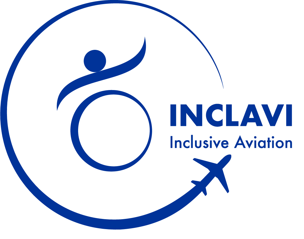 INCLAVI logo with blue circular jet trail ending with airplane silhoutte, enclosing figurative wheelchair user and text INCLAVI Inclusive Aviation