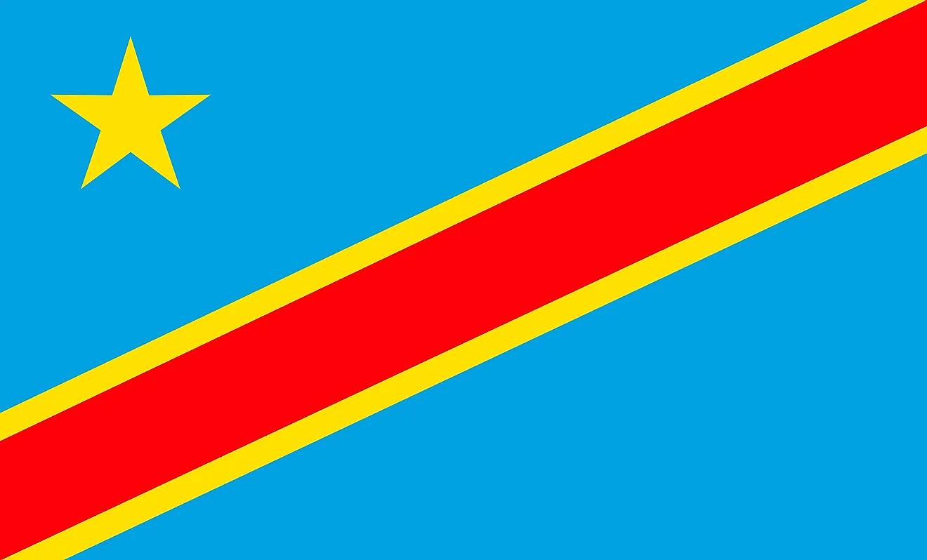 Flag of Democratic Republic of Congo. A sky blue flag, with a yellow star in the upper left canton and cut diagonally by a red stripe with a yellow fimbriation.  